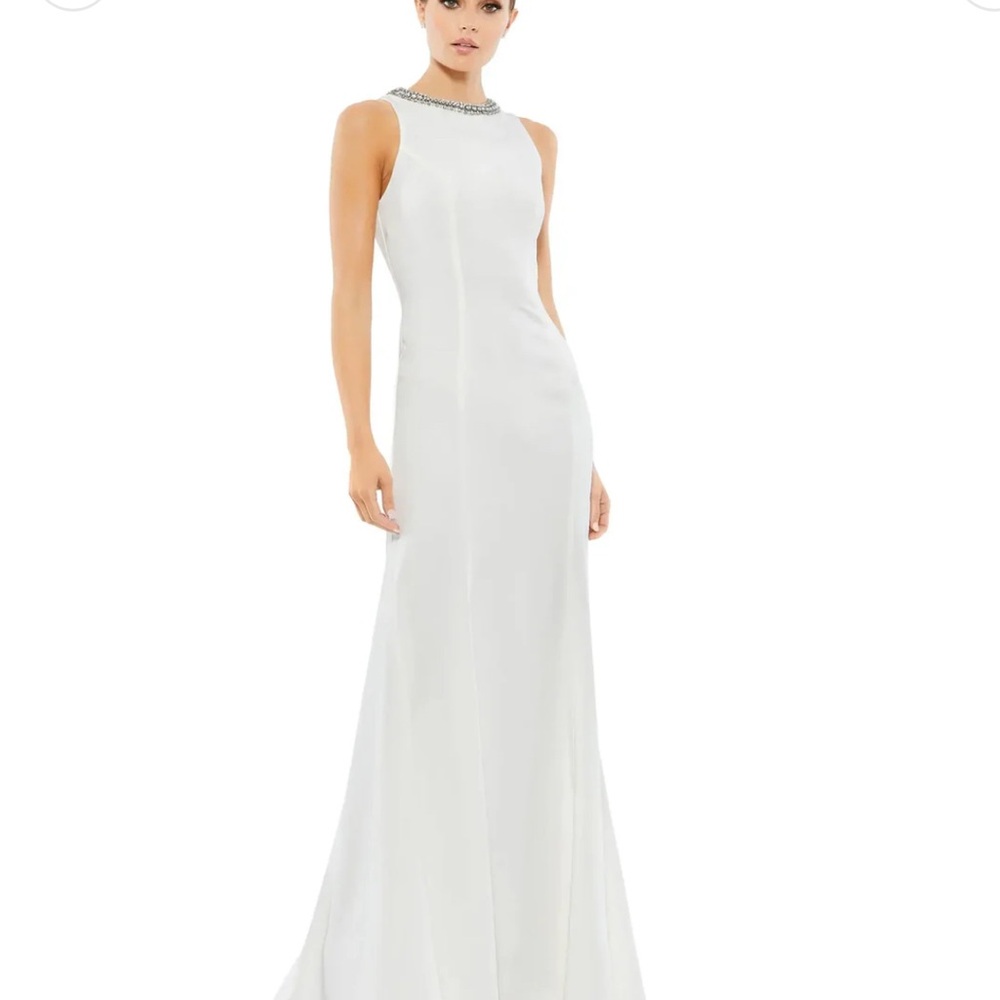 Mac Duggal White Embellished Neck Trumpet Gown
